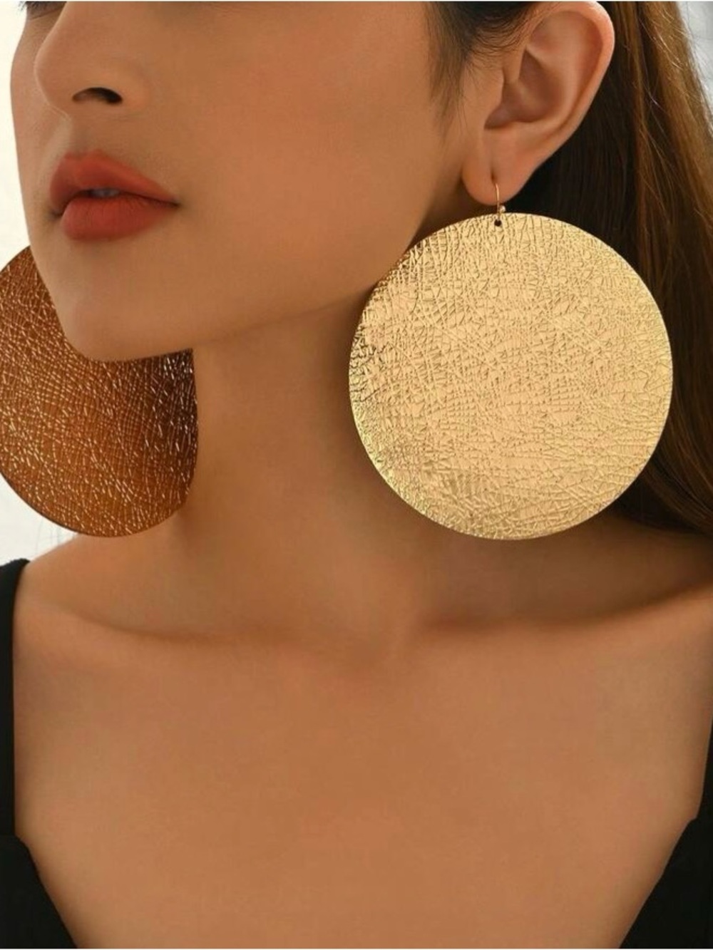 Gold Tone Textured Round Disc Large Oversized Statement Earrings - Women Jewelry